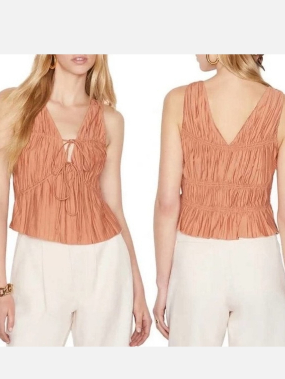 Frame Denim Terracota Cinched Crinkled  Tie-Front V Neck Camisole Size Small